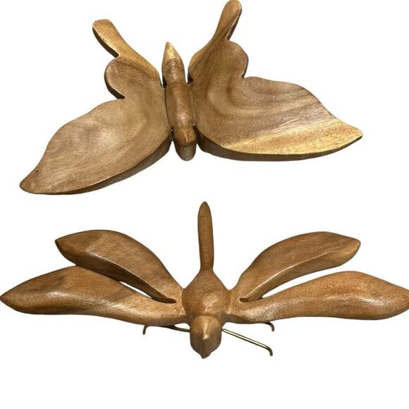 Vintage Solid Wood Carved Butterfly and Dragonfly Brass Feet - Picture 1 of 8